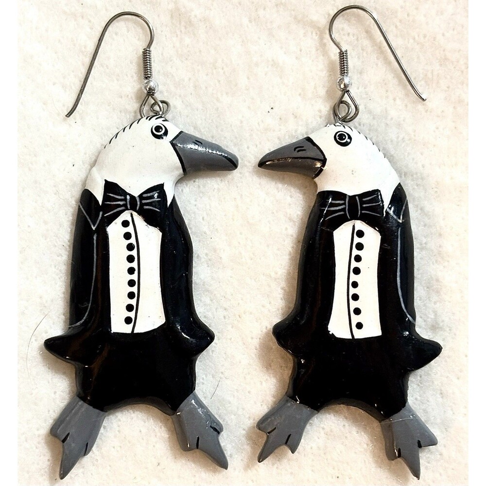Vintage Penguin Tuxedo Dangle Earrings Pierced Novelty Bird Animal Jewelry